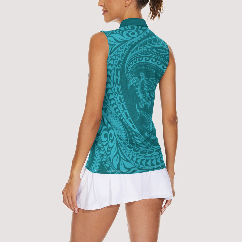 Hawaiian Turtle and Shark Women Sleeveless Polo Shirt Kakau Tribal with Polynesian Pattern Turquoise Color LT03 - Polynesian Pride