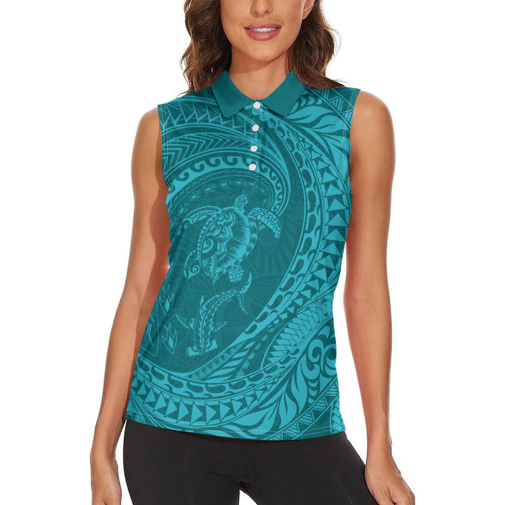 Hawaiian Turtle and Shark Women Sleeveless Polo Shirt Kakau Tribal with Polynesian Pattern Turquoise Color LT03 - Polynesian Pride