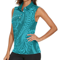 Hawaiian Turtle and Shark Women Sleeveless Polo Shirt Kakau Tribal with Polynesian Pattern Turquoise Color LT03 - Polynesian Pride