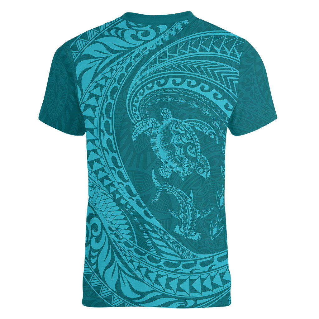 Hawaiian Turtle and Shark Women V-Neck T-Shirt Kakau Tribal with Polynesian Pattern Turquoise Color LT03 - Polynesian Pride
