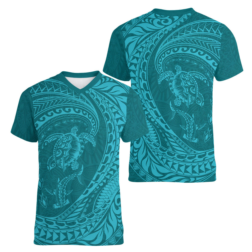 Hawaiian Turtle and Shark Women V-Neck T-Shirt Kakau Tribal with Polynesian Pattern Turquoise Color LT03 - Polynesian Pride