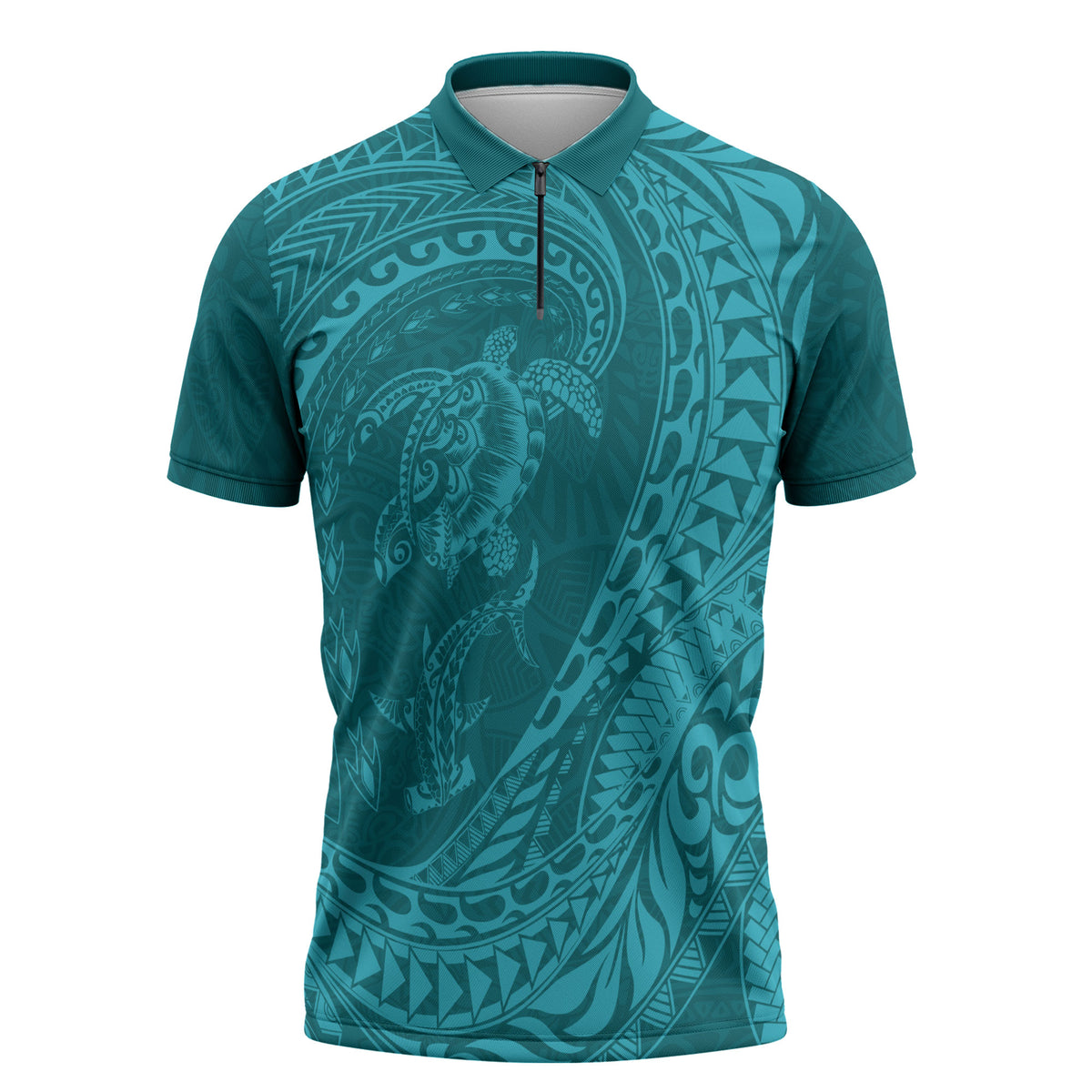 Hawaiian Turtle and Shark Zipper Polo Shirt Kakau Tribal with Polynesian Pattern Turquoise Color LT03 Turquoise - Polynesian Pride