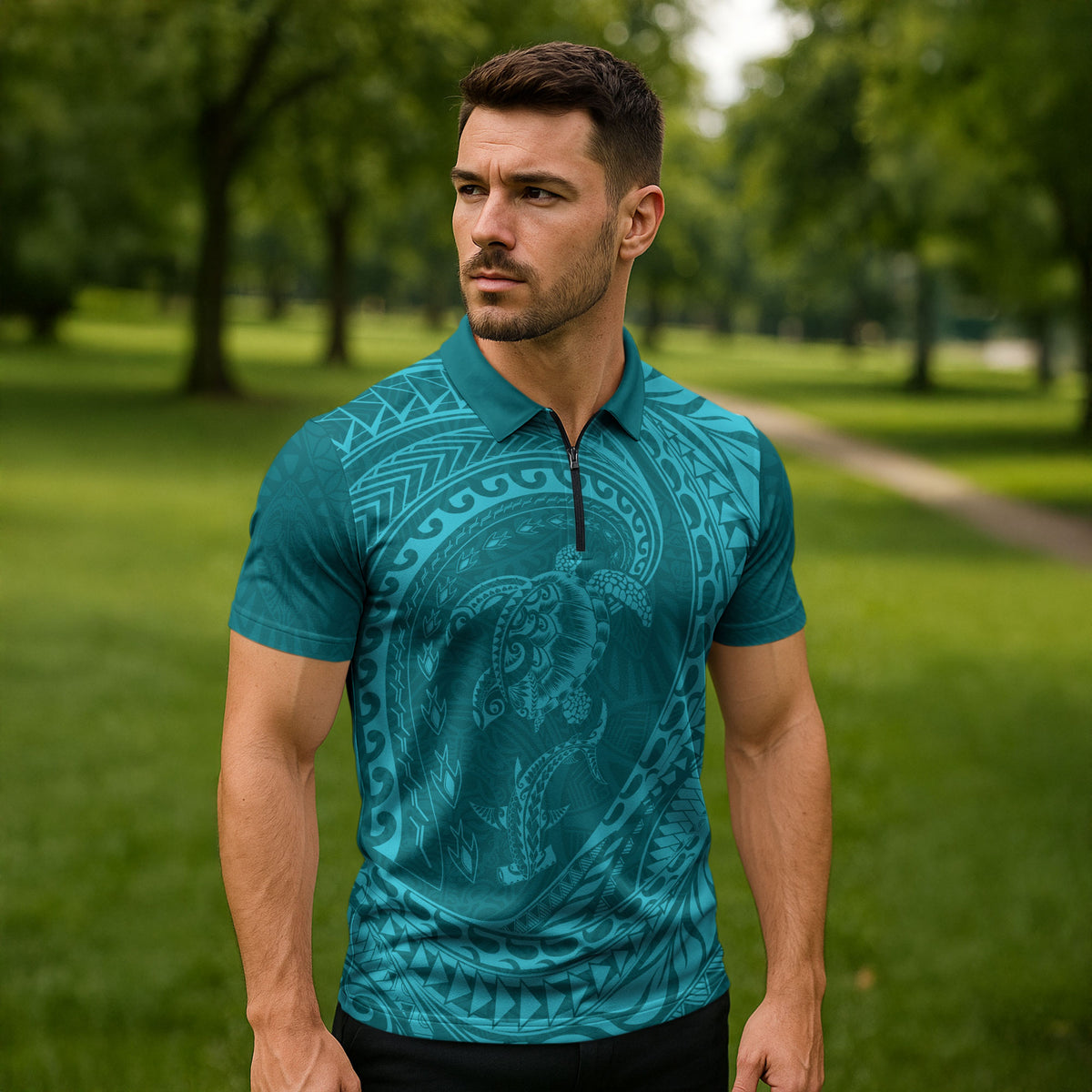 Hawaiian Turtle and Shark Zipper Polo Shirt Kakau Tribal with Polynesian Pattern Turquoise Color LT03 - Polynesian Pride