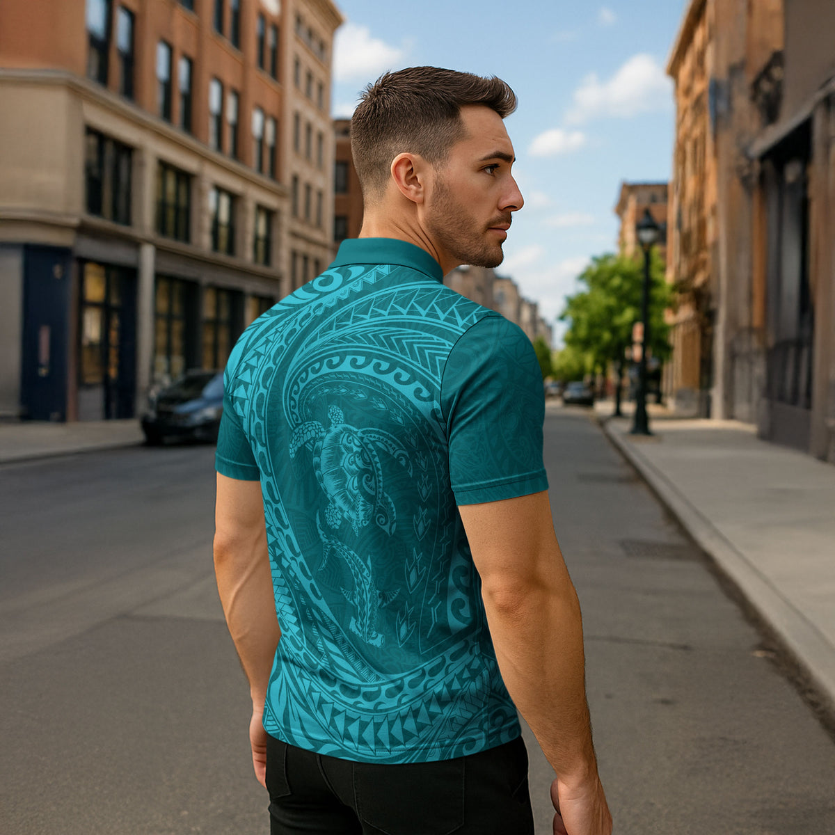 Hawaiian Turtle and Shark Zipper Polo Shirt Kakau Tribal with Polynesian Pattern Turquoise Color LT03 - Polynesian Pride