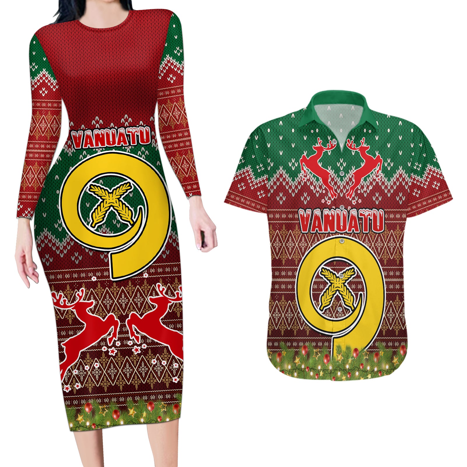 Vanuatu Christmas Couples Matching Long Sleeve Bodycon Dress and Hawaiian Shirt Pig Tusk Beautiful Merry Xmas Snowflake LT03 Red - Polynesian Pride