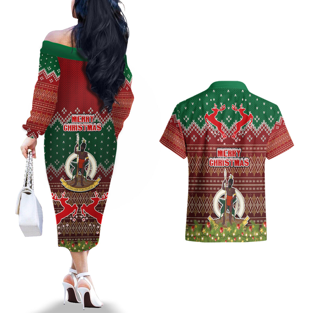Vanuatu Christmas Couples Matching Off The Shoulder Long Sleeve Dress and Hawaiian Shirt Pig Tusk Beautiful Merry Xmas Snowflake LT03 - Polynesian Pride