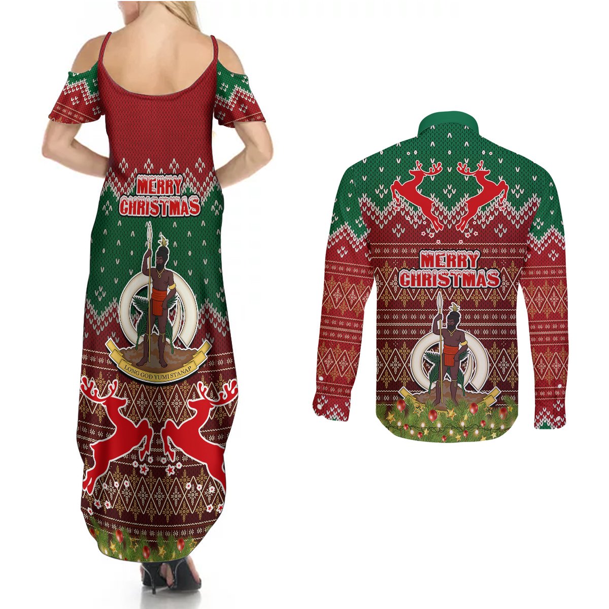 Vanuatu Christmas Couples Matching Summer Maxi Dress and Long Sleeve Button Shirts Pig Tusk Beautiful Merry Xmas Snowflake LT03 - Polynesian Pride