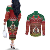 Personalised Vanuatu Christmas Couples Matching Off The Shoulder Long Sleeve Dress and Long Sleeve Button Shirts Pig Tusk Beautiful Merry Xmas Snowflake LT03 - Polynesian Pride