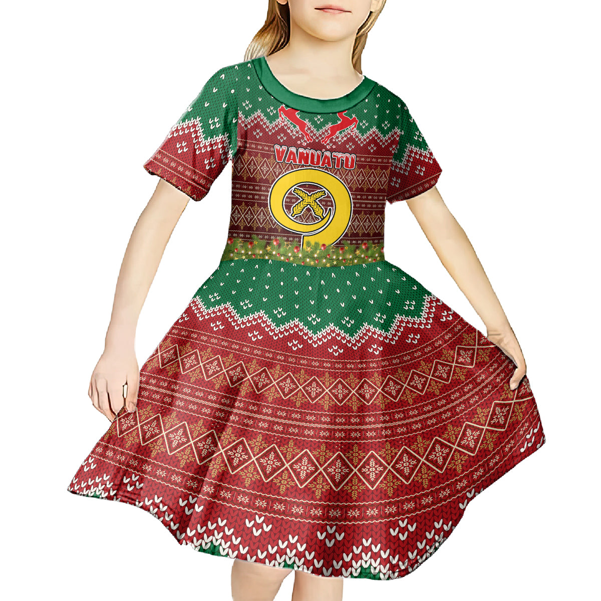 Personalised Vanuatu Christmas Kid Short Sleeve Dress Pig Tusk Beautiful Merry Xmas Snowflake LT03 - Polynesian Pride