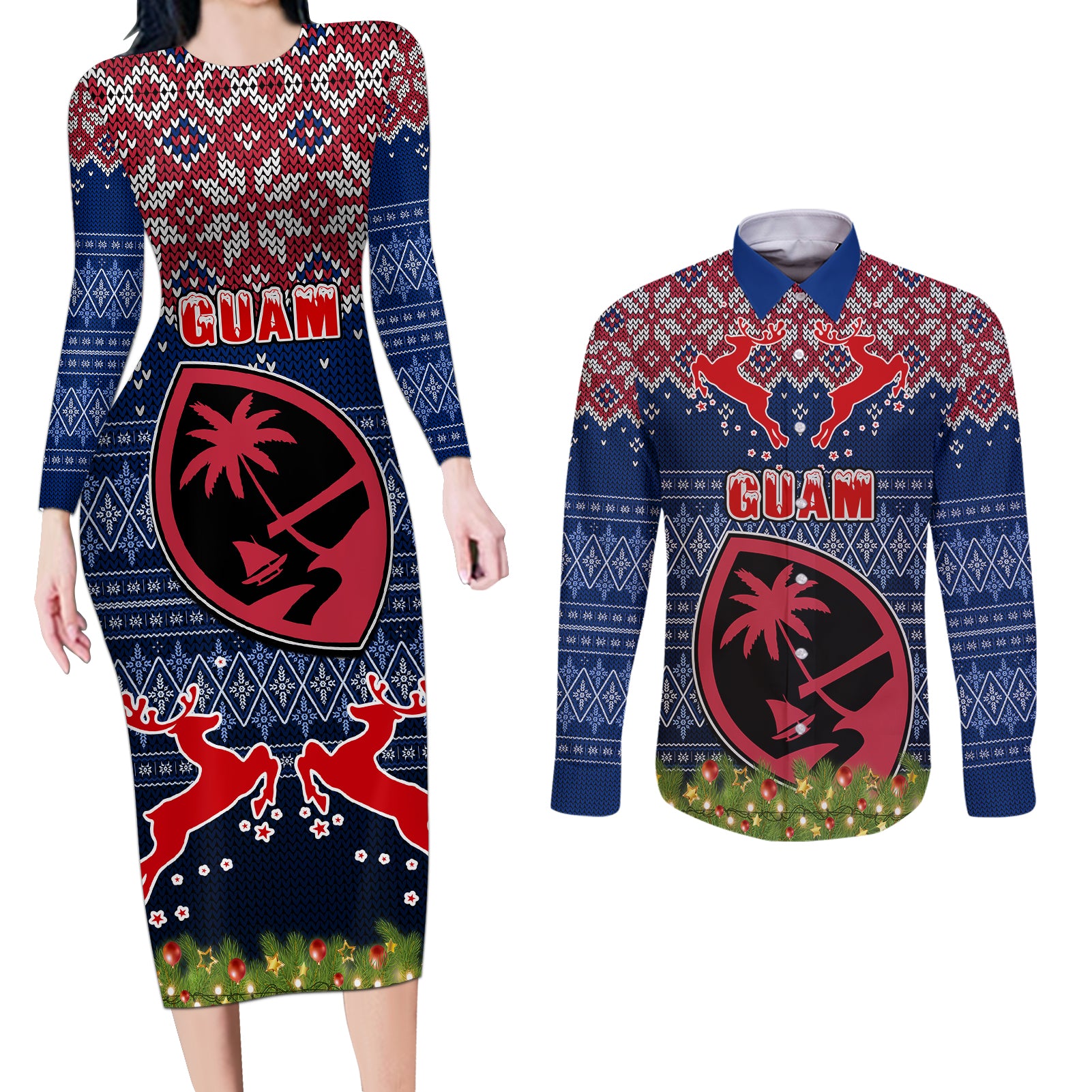 Guam Christmas Couples Matching Long Sleeve Bodycon Dress and Long Sleeve Button Shirts Chamorro Guam Tattoos Beautiful Merry Xmas Snowflake LT03 Blue - Polynesian Pride