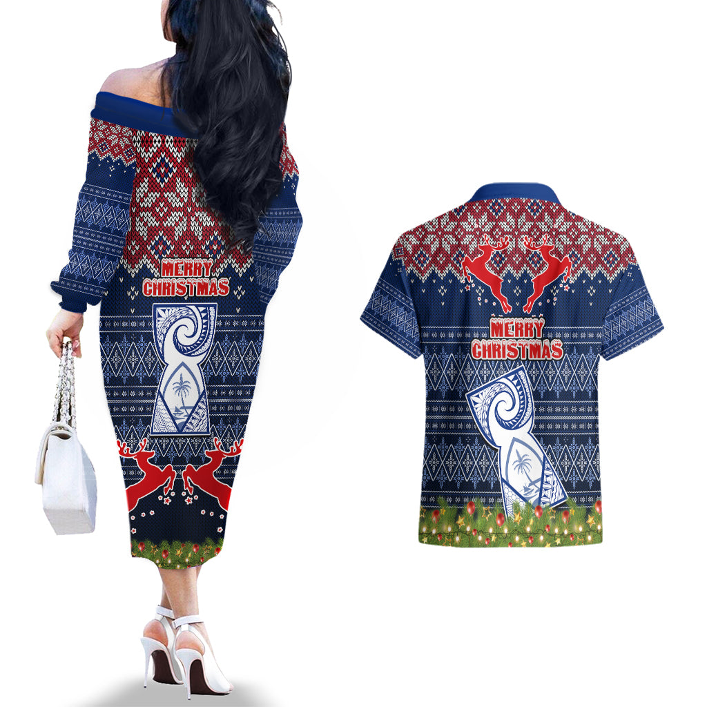 Guam Christmas Couples Matching Off The Shoulder Long Sleeve Dress and Hawaiian Shirt Chamorro Guam Tattoos Beautiful Merry Xmas Snowflake LT03 - Polynesian Pride