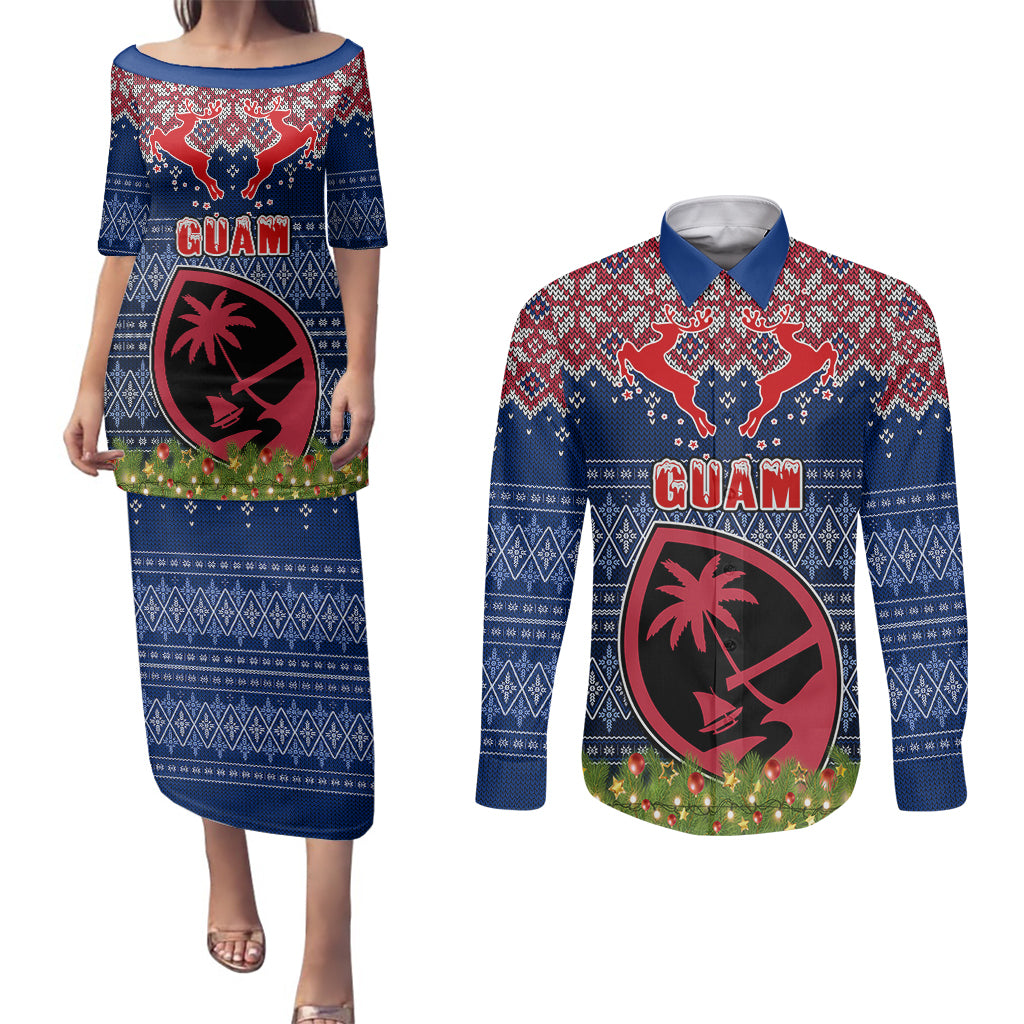 Guam Christmas Couples Matching Puletasi Dress and Long Sleeve Button Shirts Chamorro Guam Tattoos Beautiful Merry Xmas Snowflake LT03 Blue - Polynesian Pride