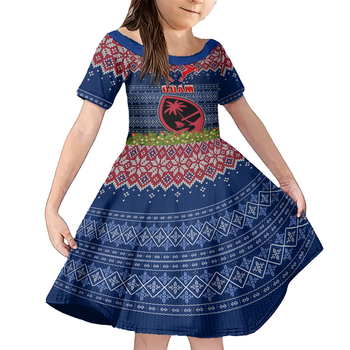 Guam Christmas Family Matching Off Shoulder Maxi Dress and Hawaiian Shirt Chamorro Guam Tattoos Beautiful Merry Xmas Snowflake LT03 Daughter's Dress Blue - Polynesian Pride