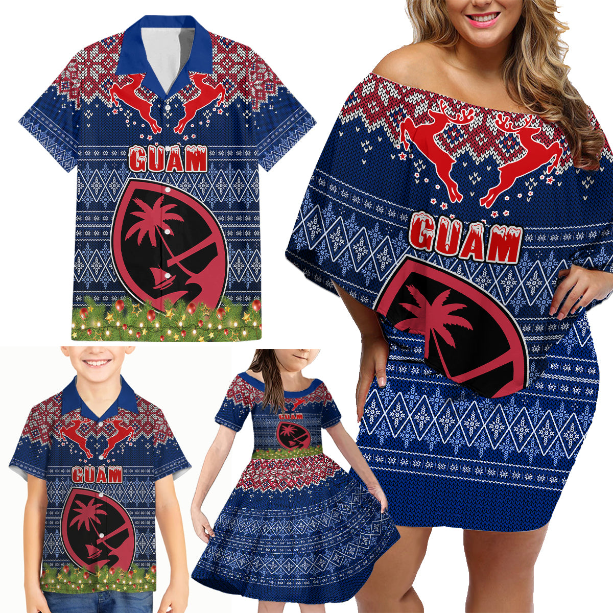 Guam Christmas Family Matching Off Shoulder Short Dress and Hawaiian Shirt Chamorro Guam Tattoos Beautiful Merry Xmas Snowflake LT03 - Polynesian Pride