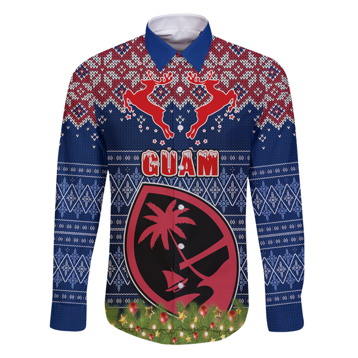 Guam Christmas Family Matching Off Shoulder Short Dress and Hawaiian Shirt Chamorro Guam Tattoos Beautiful Merry Xmas Snowflake LT03 Dad's Shirt - Long Sleeve Blue - Polynesian Pride