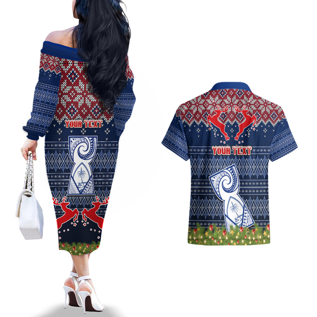 Personalised Guam Christmas Couples Matching Off The Shoulder Long Sleeve Dress and Hawaiian Shirt Chamorro Guam Tattoos Beautiful Merry Xmas Snowflake LT03 - Polynesian Pride