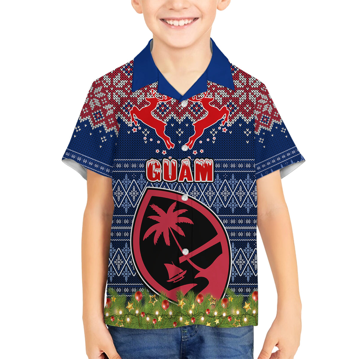 Personalised Guam Christmas Family Matching Puletasi Dress and Hawaiian Shirt Chamorro Guam Tattoos Beautiful Merry Xmas Snowflake LT03 Son's Shirt Blue - Polynesian Pride
