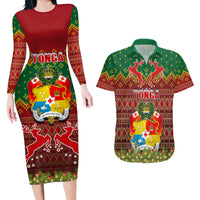 Tonga Christmas Couples Matching Long Sleeve Bodycon Dress and Hawaiian Shirt Coat of Arms and Map Beautiful Merry Xmas Snowflake LT03 Red - Polynesian Pride
