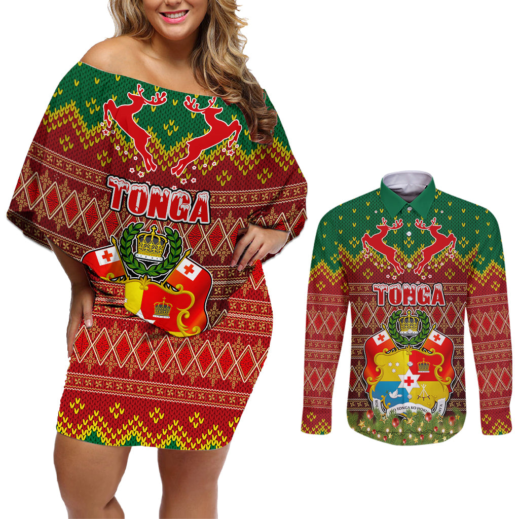 Tonga Christmas Couples Matching Off Shoulder Short Dress and Long Sleeve Button Shirts Coat of Arms and Map Beautiful Merry Xmas Snowflake LT03 Red - Polynesian Pride