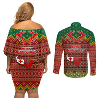 Tonga Christmas Couples Matching Off Shoulder Short Dress and Long Sleeve Button Shirts Coat of Arms and Map Beautiful Merry Xmas Snowflake LT03 - Polynesian Pride