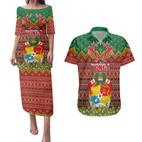 Tonga Christmas Couples Matching Puletasi Dress and Hawaiian Shirt Coat of Arms and Map Beautiful Merry Xmas Snowflake LT03 Red - Polynesian Pride