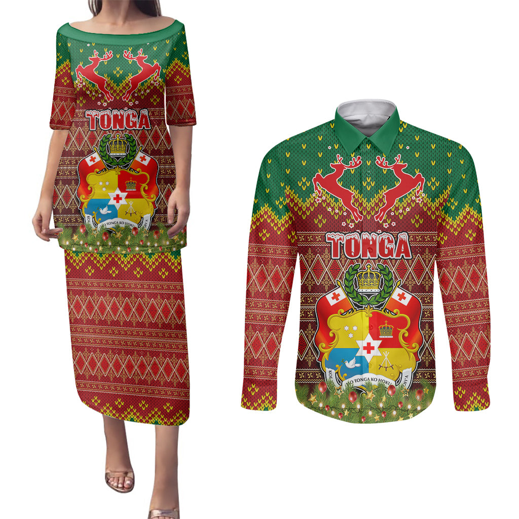 Tonga Christmas Couples Matching Puletasi Dress and Long Sleeve Button Shirts Coat of Arms and Map Beautiful Merry Xmas Snowflake LT03 Red - Polynesian Pride