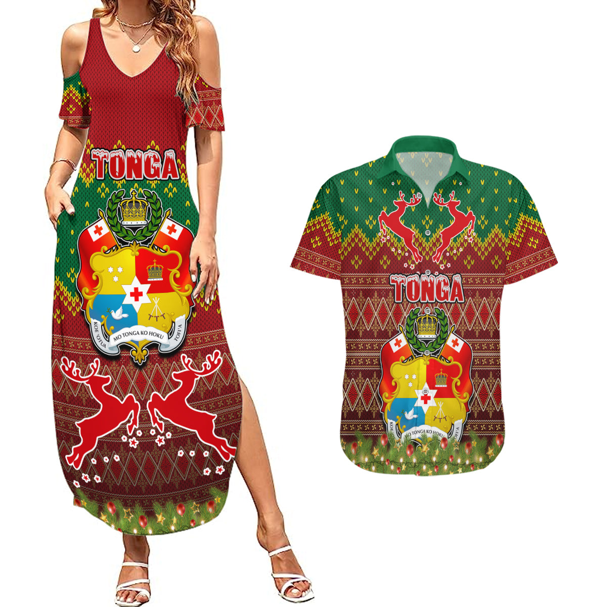 Tonga Christmas Couples Matching Summer Maxi Dress and Hawaiian Shirt Coat of Arms and Map Beautiful Merry Xmas Snowflake LT03 Red - Polynesian Pride