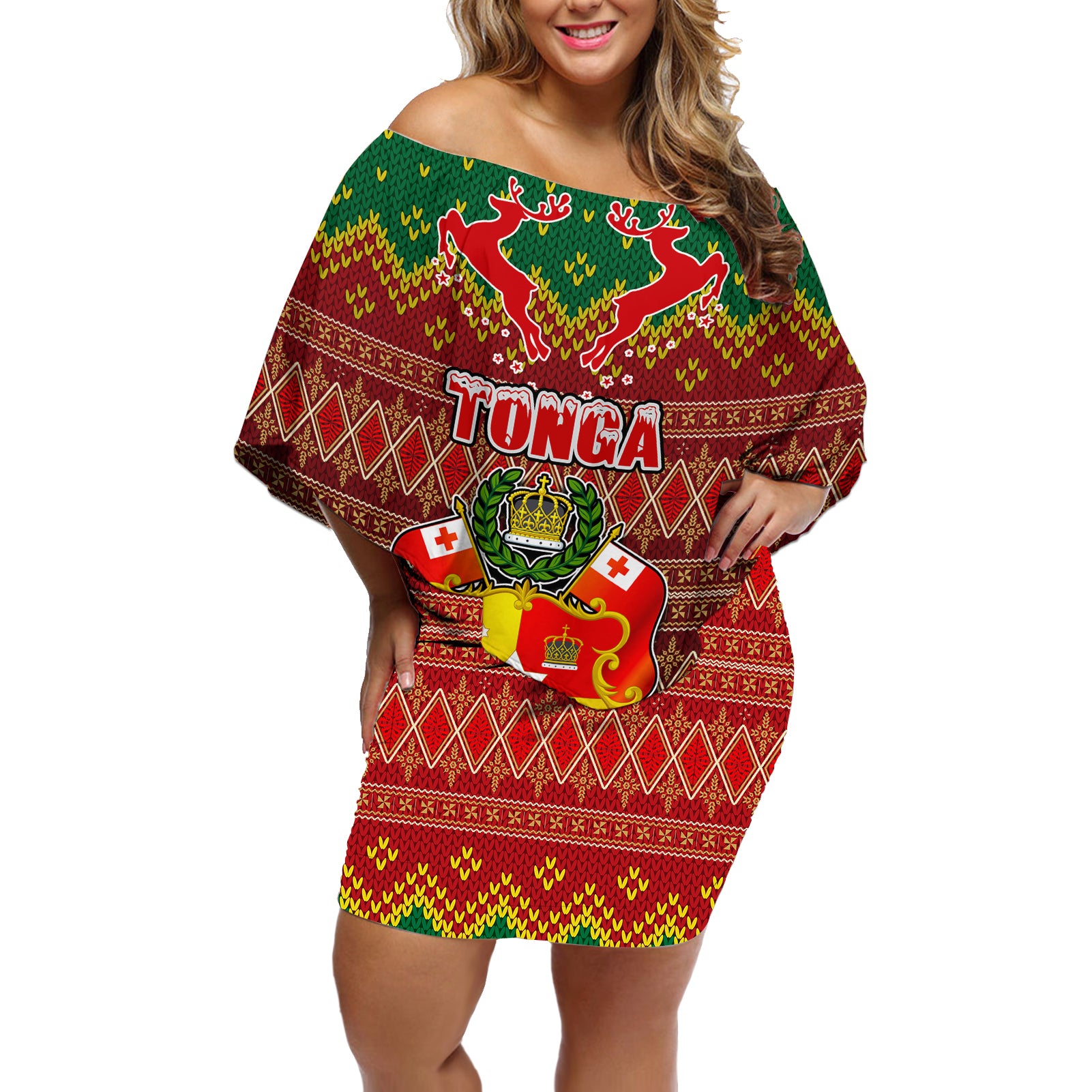 Tonga Christmas Off Shoulder Short Dress Coat of Arms and Map Beautiful Merry Xmas Snowflake LT03 Women Red - Polynesian Pride