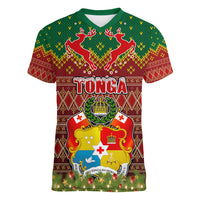 Tonga Christmas Women V Neck T Shirt Coat of Arms and Map Beautiful Merry Xmas Snowflake LT03 Female Red - Polynesian Pride