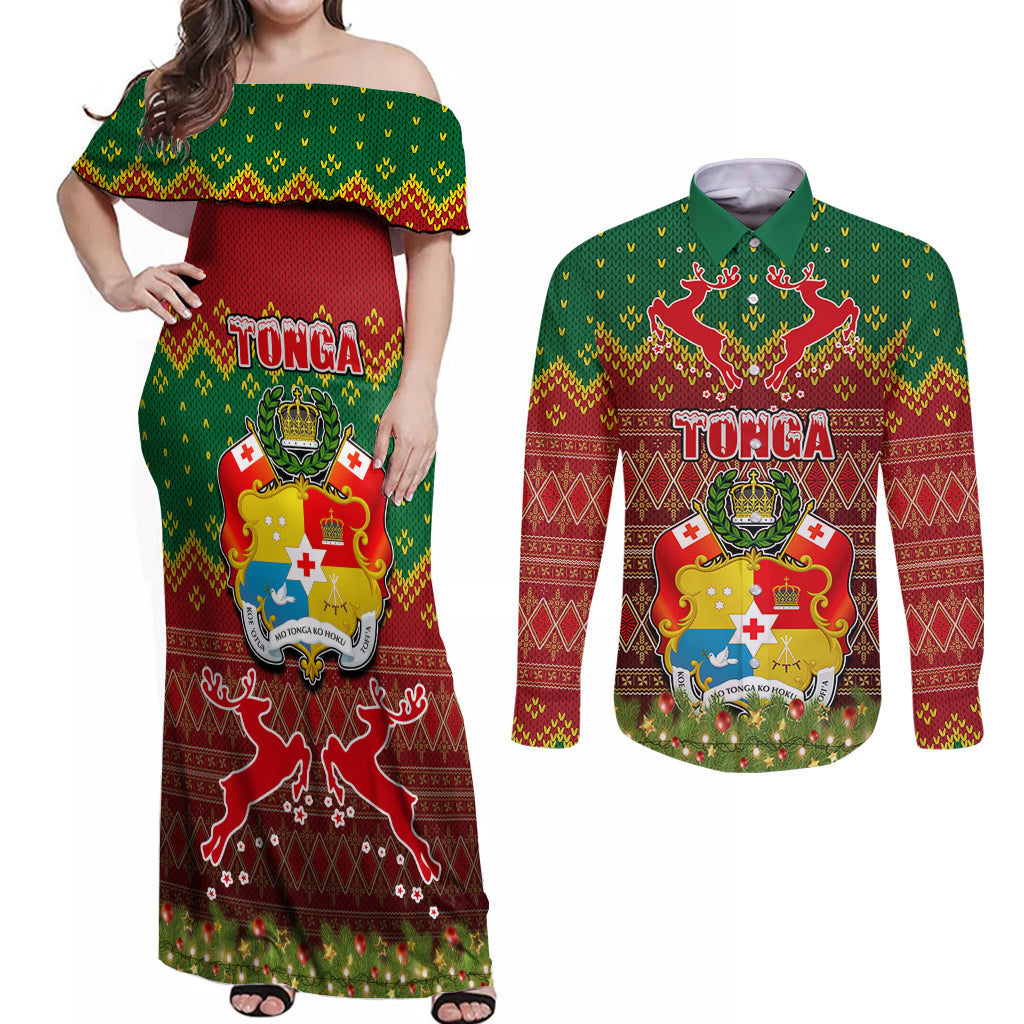 Personalised Tonga Christmas Couples Matching Off Shoulder Maxi Dress and Long Sleeve Button Shirts Coat of Arms and Map Beautiful Merry Xmas Snowflake LT03 Red - Polynesian Pride