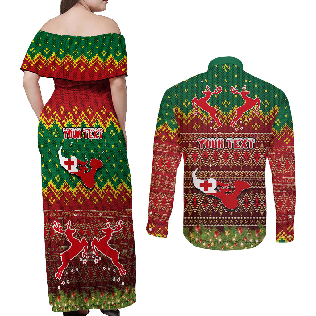 Personalised Tonga Christmas Couples Matching Off Shoulder Maxi Dress and Long Sleeve Button Shirts Coat of Arms and Map Beautiful Merry Xmas Snowflake LT03 - Polynesian Pride