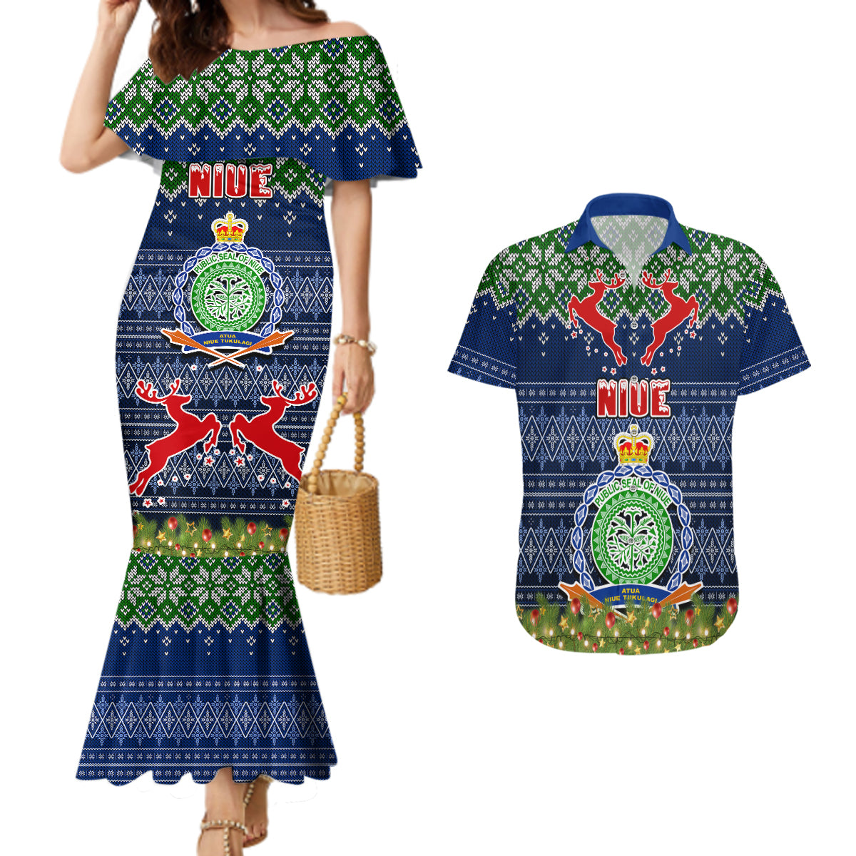 Niue Christmas Couples Matching Mermaid Dress and Hawaiian Shirt Coat of Arms and Map Beautiful Merry Xmas Snowflake LT03 Blue - Polynesian Pride