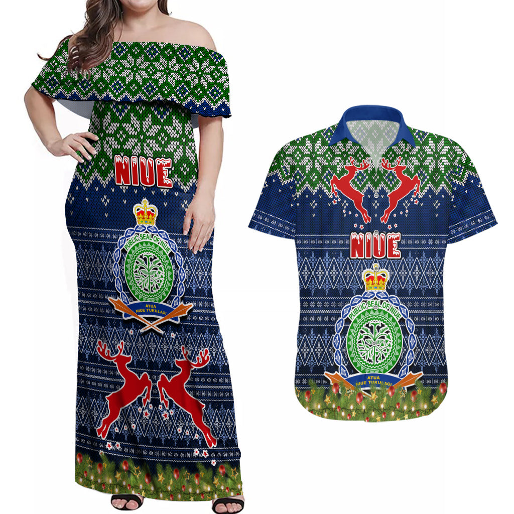 Niue Christmas Couples Matching Off Shoulder Maxi Dress and Hawaiian Shirt Coat of Arms and Map Beautiful Merry Xmas Snowflake LT03 Blue - Polynesian Pride