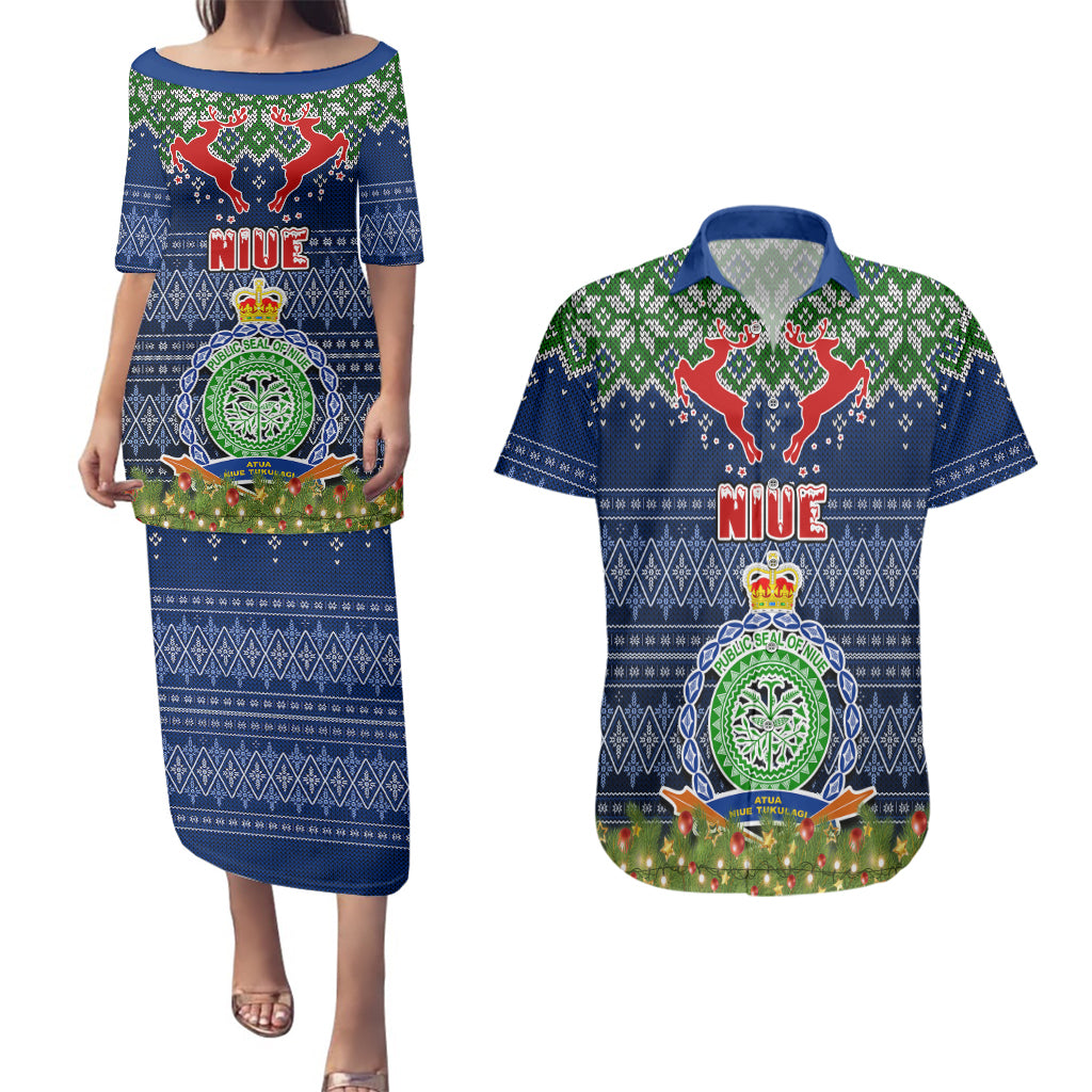 Niue Christmas Couples Matching Puletasi Dress and Hawaiian Shirt Coat of Arms and Map Beautiful Merry Xmas Snowflake LT03 Blue - Polynesian Pride