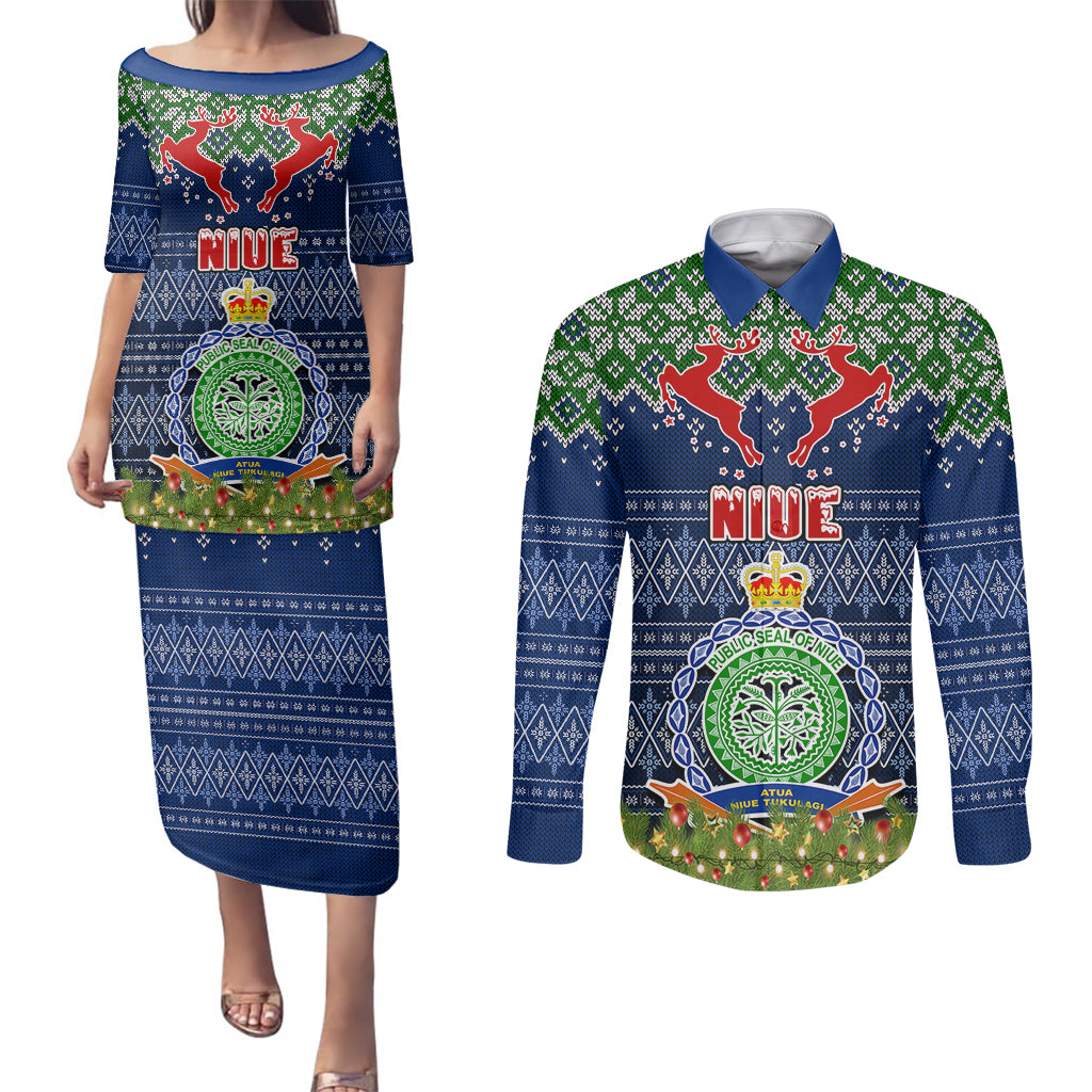 Niue Christmas Couples Matching Puletasi Dress and Long Sleeve Button Shirts Coat of Arms and Map Beautiful Merry Xmas Snowflake LT03 Blue - Polynesian Pride