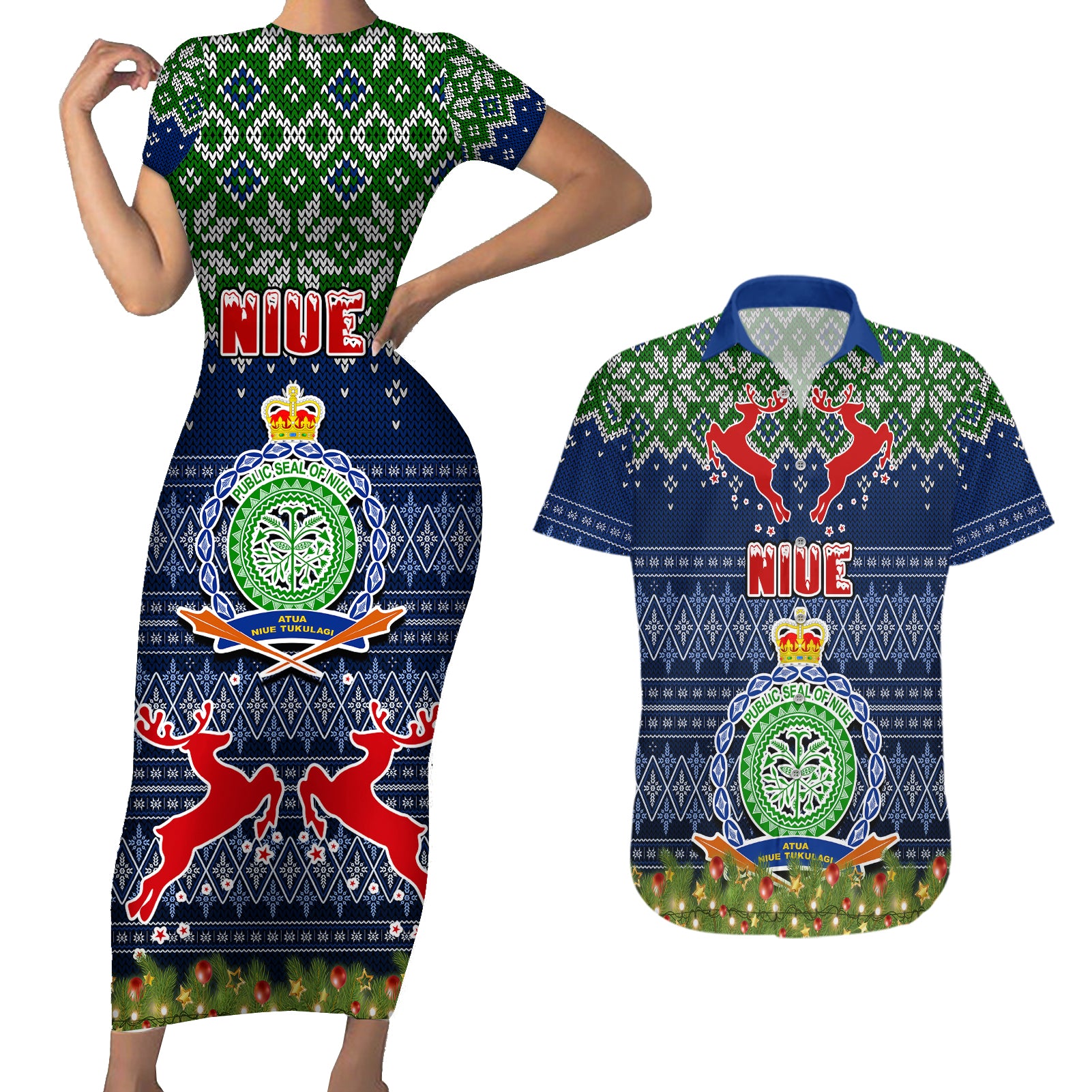 Niue Christmas Couples Matching Short Sleeve Bodycon Dress and Hawaiian Shirt Coat of Arms and Map Beautiful Merry Xmas Snowflake LT03 Blue - Polynesian Pride