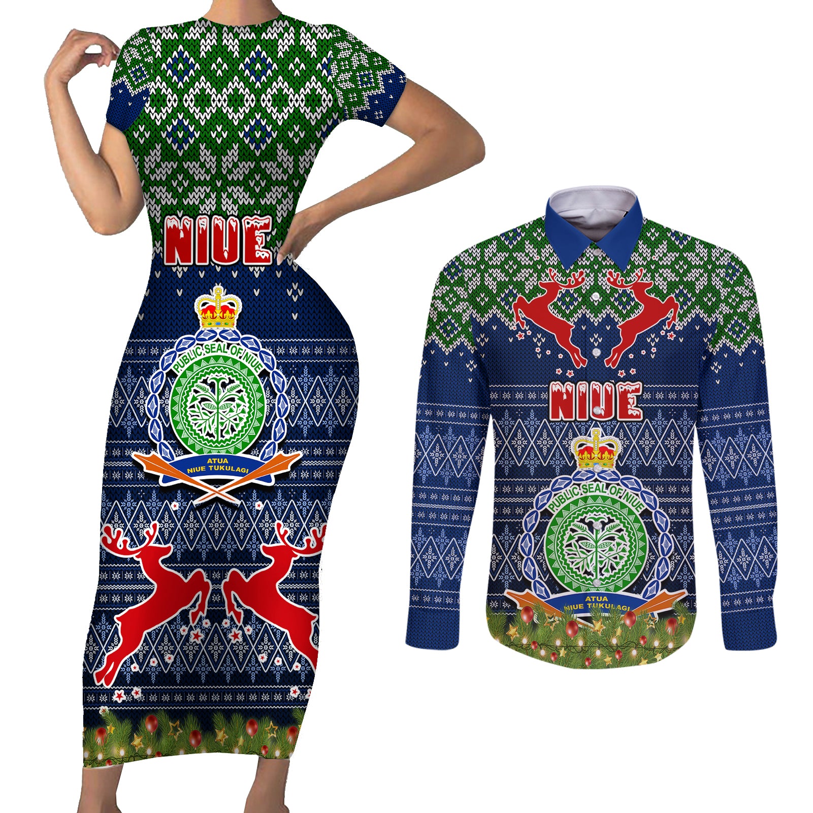 Niue Christmas Couples Matching Short Sleeve Bodycon Dress and Long Sleeve Button Shirts Coat of Arms and Map Beautiful Merry Xmas Snowflake LT03 Blue - Polynesian Pride