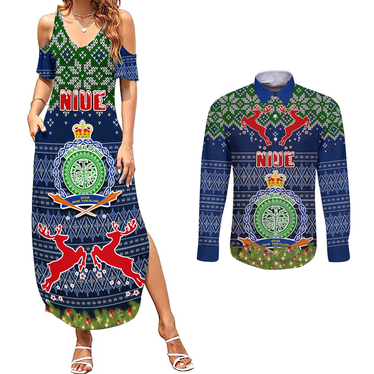 Niue Christmas Couples Matching Summer Maxi Dress and Long Sleeve Button Shirts Coat of Arms and Map Beautiful Merry Xmas Snowflake LT03 Blue - Polynesian Pride