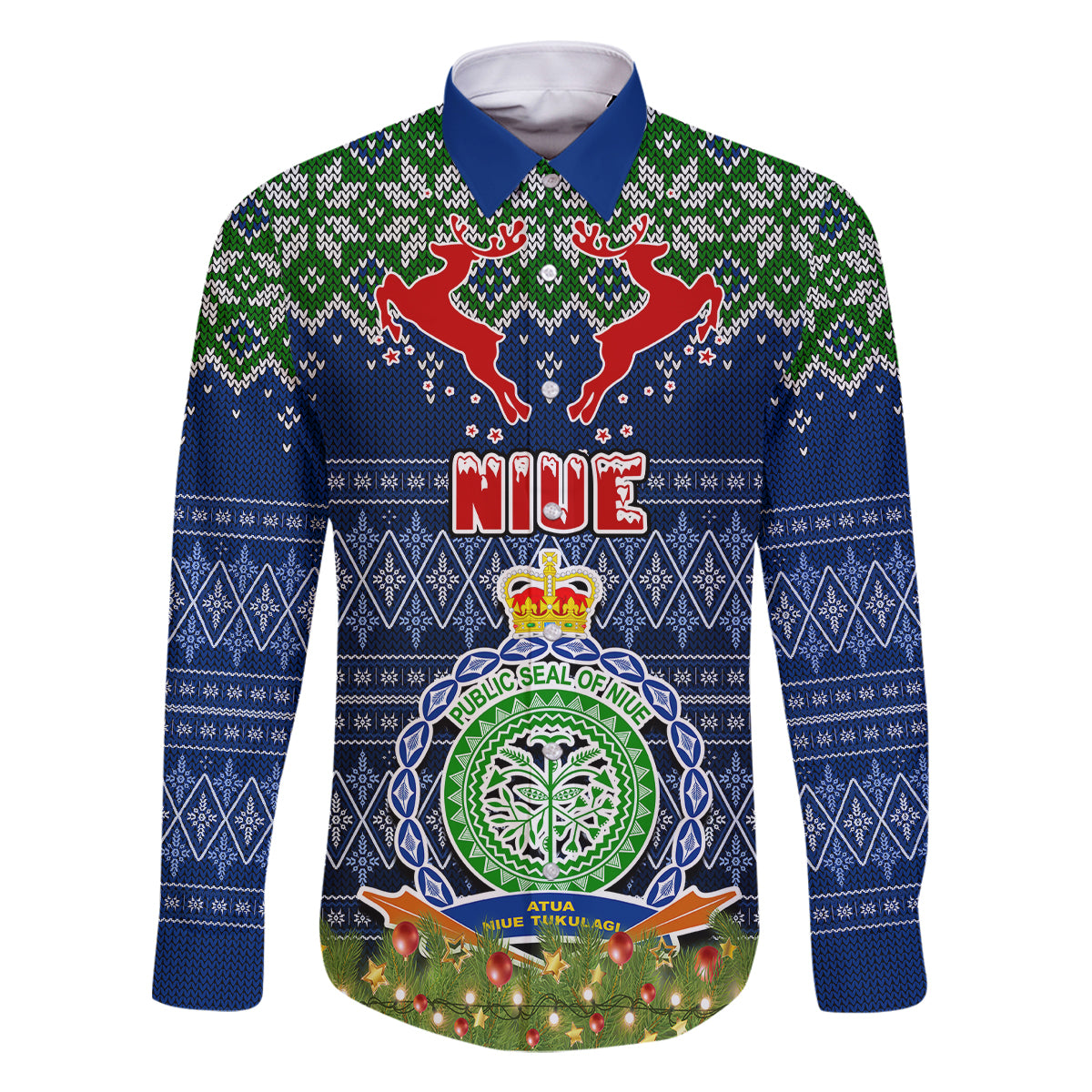 Niue Christmas Family Matching Off Shoulder Long Sleeve Dress and Hawaiian Shirt Coat of Arms and Map Beautiful Merry Xmas Snowflake LT03 Dad's Shirt - Long Sleeve Blue - Polynesian Pride