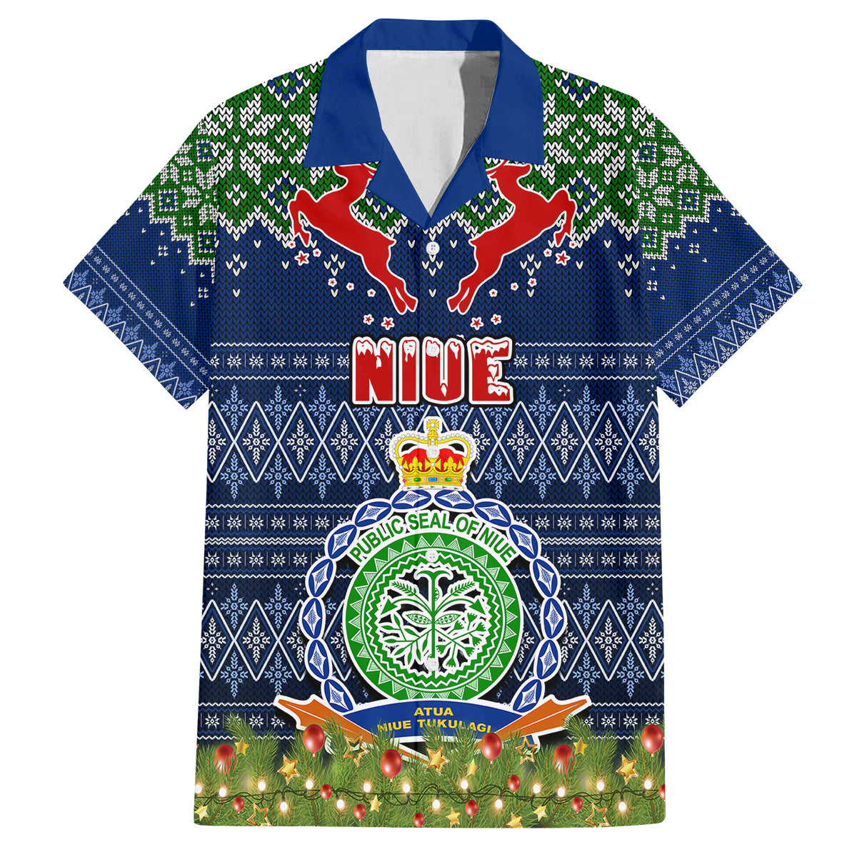Niue Christmas Family Matching Off Shoulder Short Dress and Hawaiian Shirt Coat of Arms and Map Beautiful Merry Xmas Snowflake LT03 Dad's Shirt - Short Sleeve Blue - Polynesian Pride