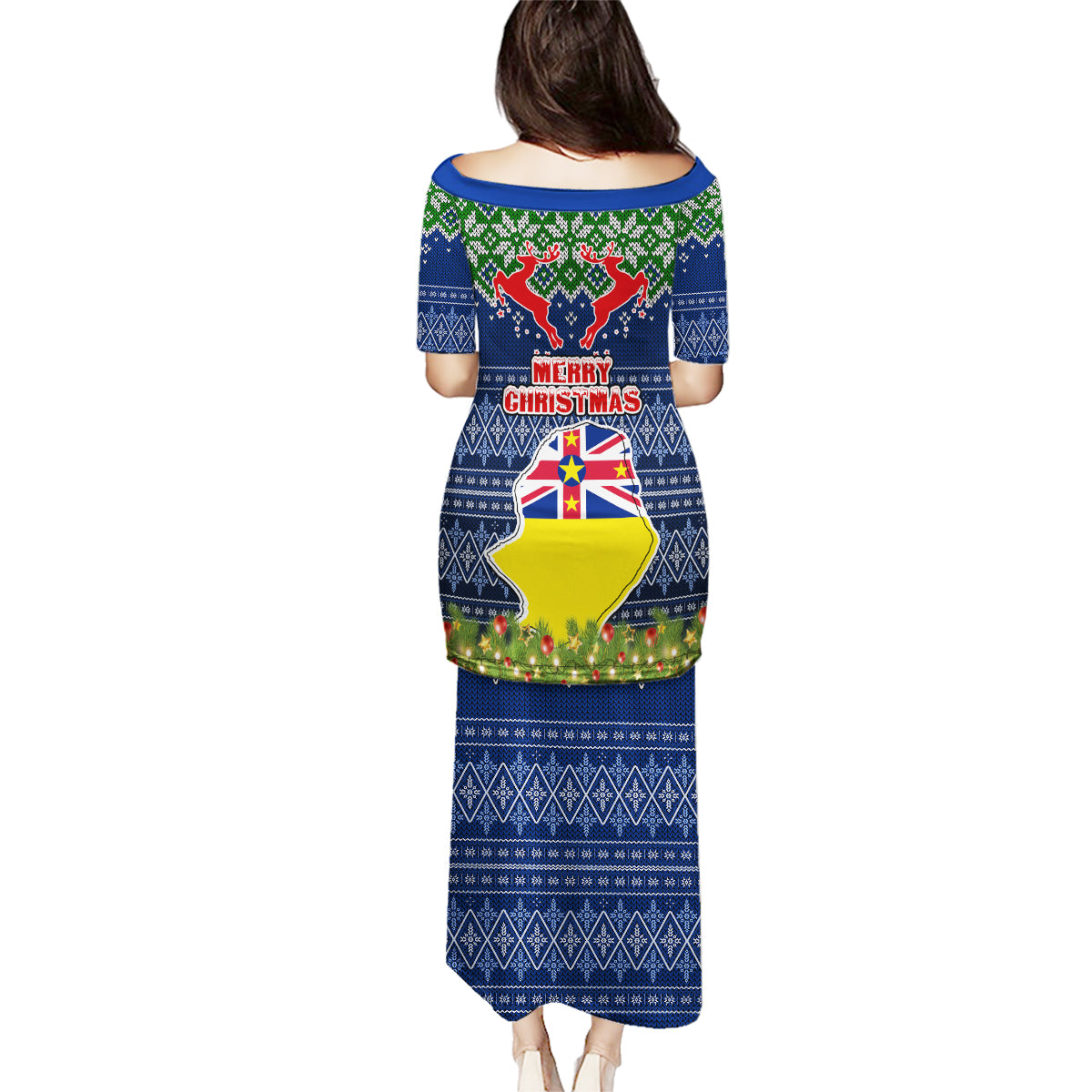 Niue Christmas Family Matching Puletasi Dress and Hawaiian Shirt Coat of Arms and Map Beautiful Merry Xmas Snowflake LT03 - Polynesian Pride