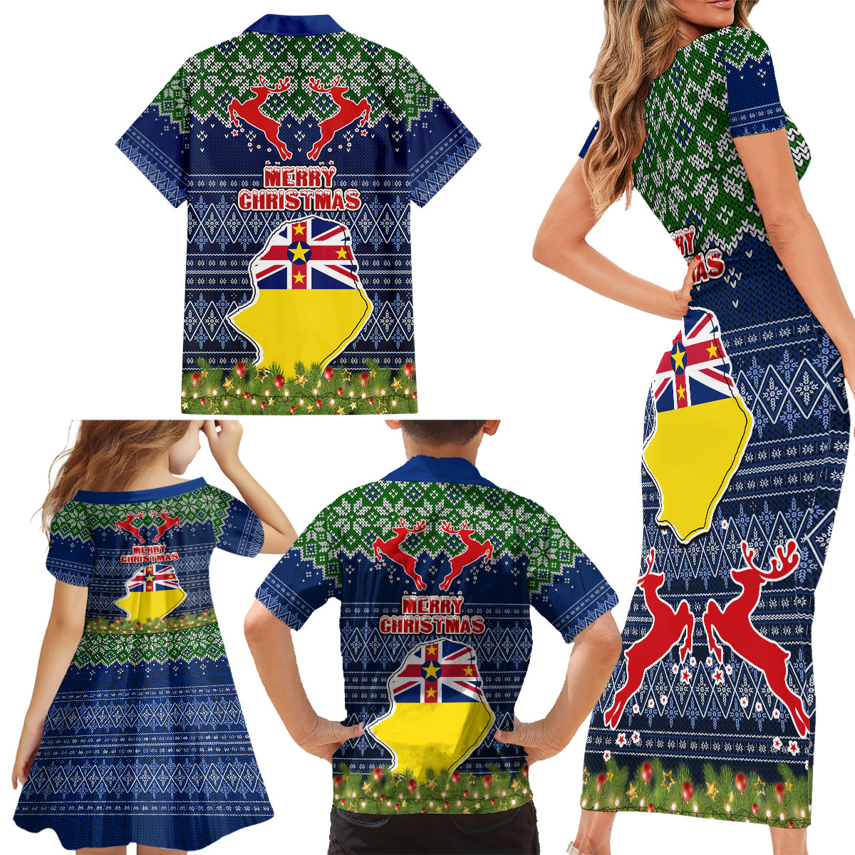 Niue Christmas Family Matching Short Sleeve Bodycon Dress and Hawaiian Shirt Coat of Arms and Map Beautiful Merry Xmas Snowflake LT03 - Polynesian Pride