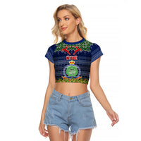 Niue Christmas Raglan Cropped T Shirt Coat of Arms and Map Beautiful Merry Xmas Snowflake LT03 Female Blue - Polynesian Pride