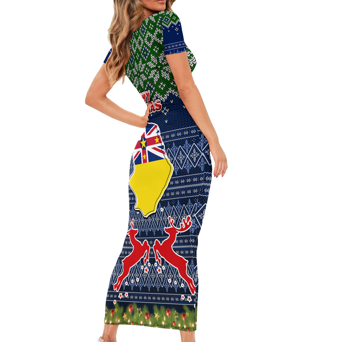 Niue Christmas Short Sleeve Bodycon Dress Coat of Arms and Map Beautiful Merry Xmas Snowflake LT03 - Polynesian Pride