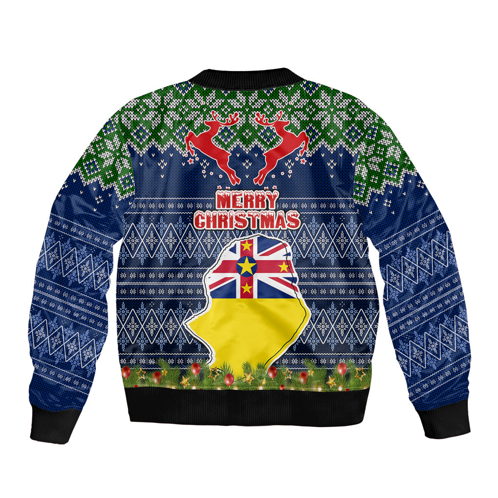 Niue Christmas Sleeve Zip Bomber Jacket Coat of Arms and Map Beautiful Merry Xmas Snowflake LT03 - Polynesian Pride