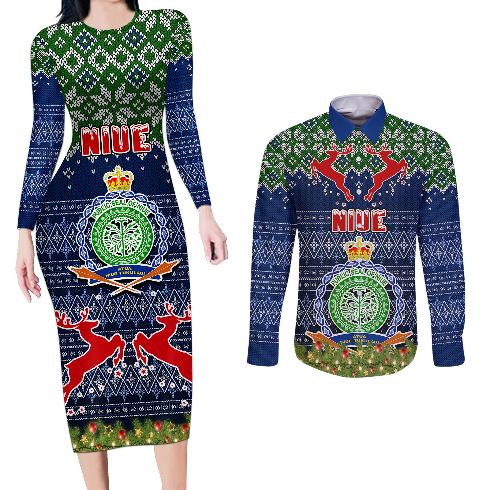 Personalised Niue Christmas Couples Matching Long Sleeve Bodycon Dress and Long Sleeve Button Shirts Coat of Arms and Map Beautiful Merry Xmas Snowflake LT03 Blue - Polynesian Pride