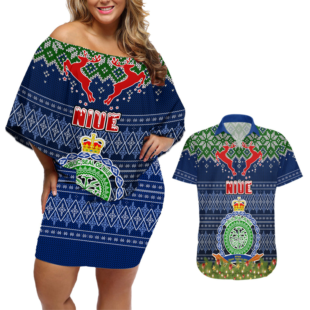 Personalised Niue Christmas Couples Matching Off Shoulder Short Dress and Hawaiian Shirt Coat of Arms and Map Beautiful Merry Xmas Snowflake LT03 Blue - Polynesian Pride