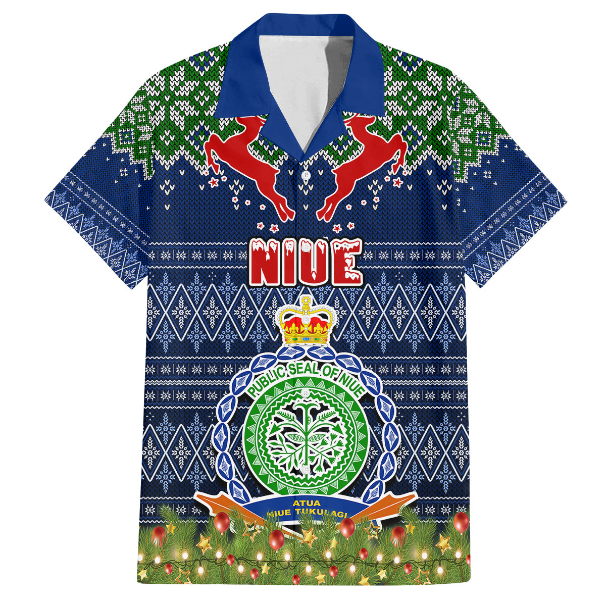 Personalised Niue Christmas Family Matching Long Sleeve Bodycon Dress and Hawaiian Shirt Coat of Arms and Map Beautiful Merry Xmas Snowflake LT03 Dad's Shirt - Short Sleeve Blue - Polynesian Pride