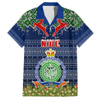Personalised Niue Christmas Family Matching Off Shoulder Short Dress and Hawaiian Shirt Coat of Arms and Map Beautiful Merry Xmas Snowflake LT03 Dad's Shirt - Short Sleeve Blue - Polynesian Pride