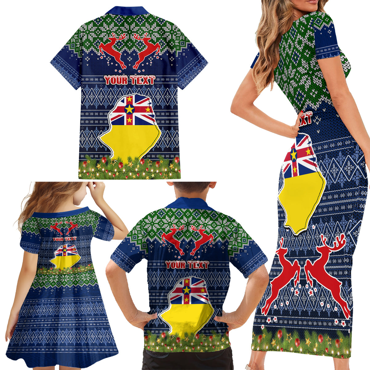 Personalised Niue Christmas Family Matching Short Sleeve Bodycon Dress and Hawaiian Shirt Coat of Arms and Map Beautiful Merry Xmas Snowflake LT03 - Polynesian Pride